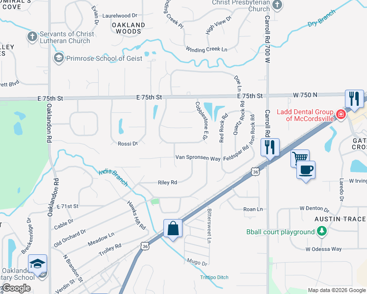 map of restaurants, bars, coffee shops, grocery stores, and more near 12353 Cobblestone S Dr in Indianapolis