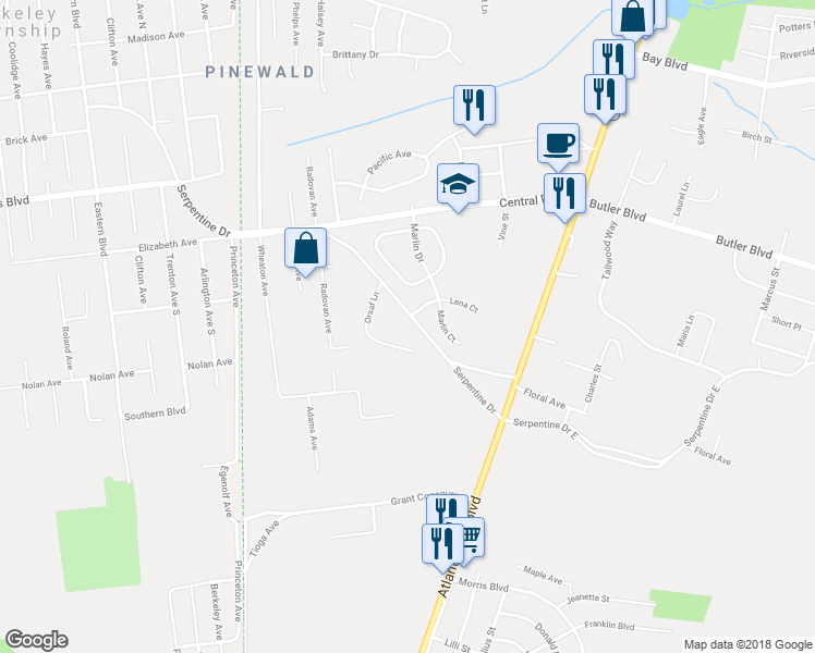 map of restaurants, bars, coffee shops, grocery stores, and more near 61 Serpentine Drive in Berkeley Township