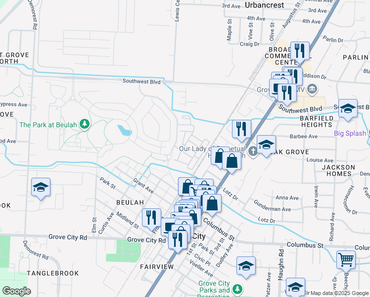 map of restaurants, bars, coffee shops, grocery stores, and more near 3755 Broadway in Grove City