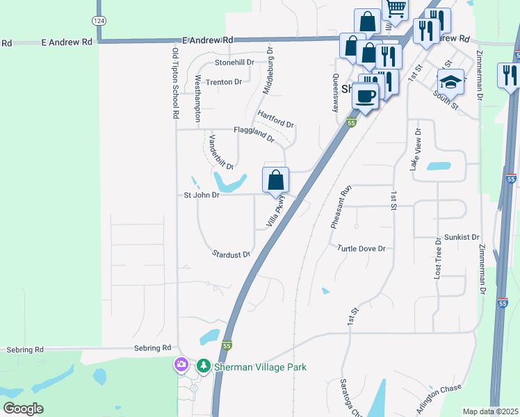 map of restaurants, bars, coffee shops, grocery stores, and more near 100 Stardust Drive in Sherman