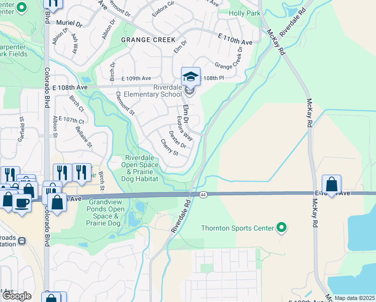 map of restaurants, bars, coffee shops, grocery stores, and more near 10503 Dexter Drive in Thornton