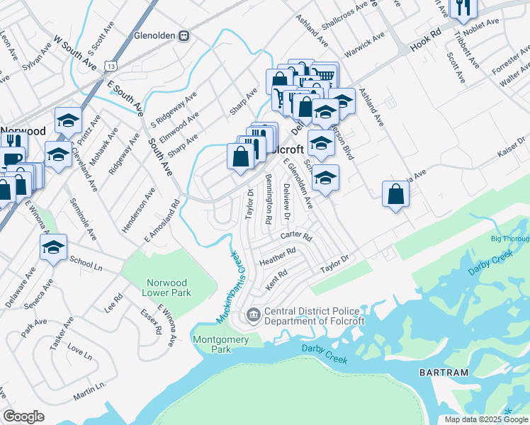 map of restaurants, bars, coffee shops, grocery stores, and more near 778 Bennington Road in Folcroft