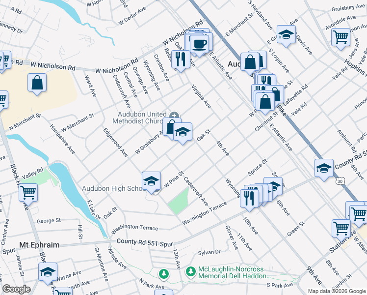 map of restaurants, bars, coffee shops, grocery stores, and more near 300 Mansion Avenue in Audubon