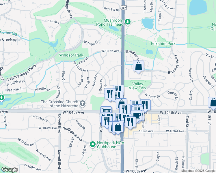 map of restaurants, bars, coffee shops, grocery stores, and more near 3082 West 107th Place in Westminster