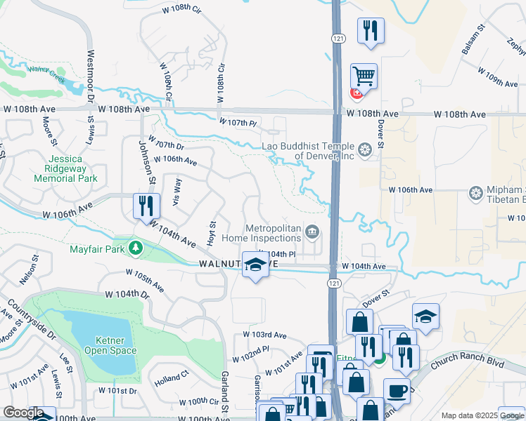 map of restaurants, bars, coffee shops, grocery stores, and more near 10522 Garrison Street in Westminster