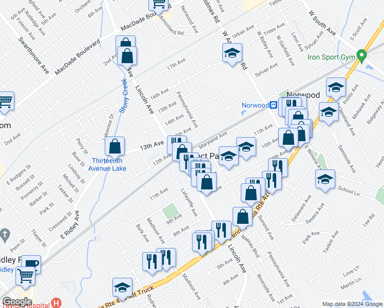 map of restaurants, bars, coffee shops, grocery stores, and more near 735 Maryland Avenue in Prospect Park