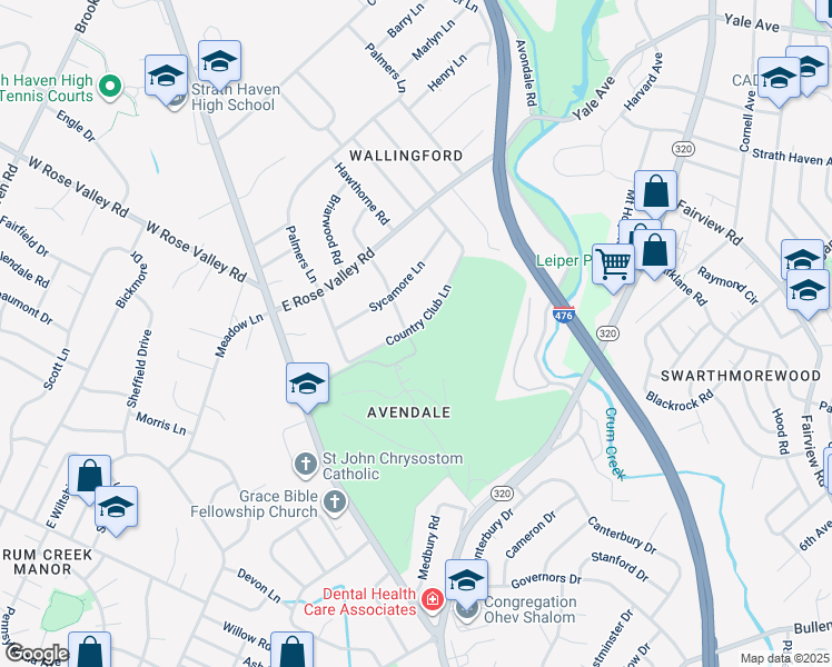 map of restaurants, bars, coffee shops, grocery stores, and more near 201 Country Club Lane in Nether Providence Township