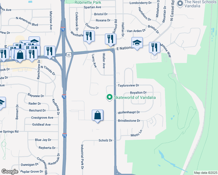 map of restaurants, bars, coffee shops, grocery stores, and more near 858 Maridon Court in Vandalia