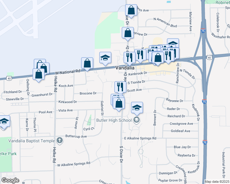 map of restaurants, bars, coffee shops, grocery stores, and more near 237 South Dixie Drive in Vandalia