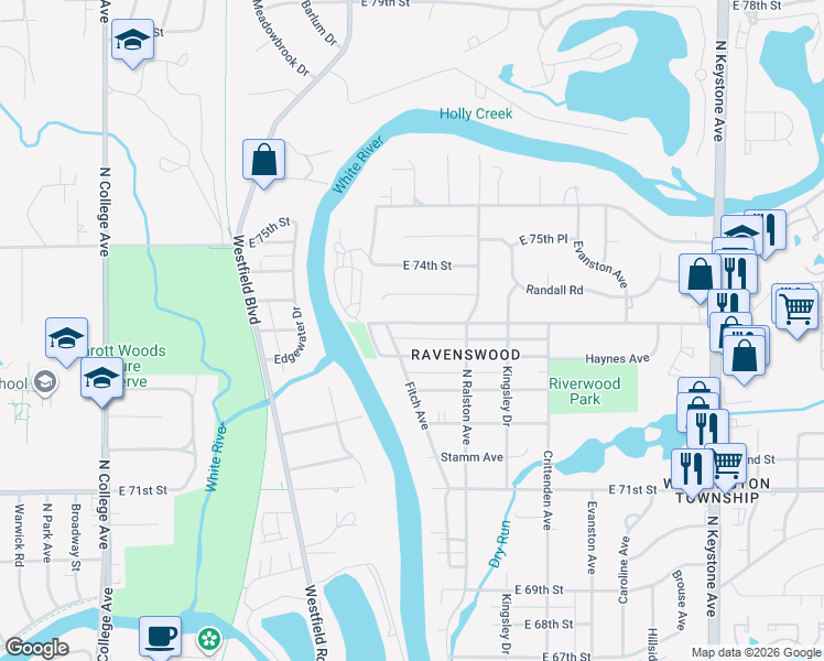 map of restaurants, bars, coffee shops, grocery stores, and more near 1401 Ruth Drive in Indianapolis