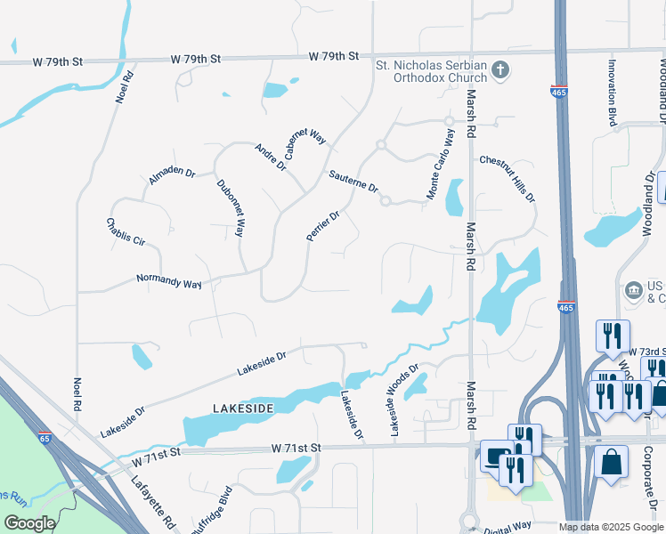 map of restaurants, bars, coffee shops, grocery stores, and more near 7453 Sauterne Court in Indianapolis