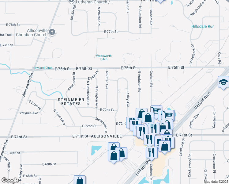 map of restaurants, bars, coffee shops, grocery stores, and more near 7338 North Layman Avenue in Indianapolis
