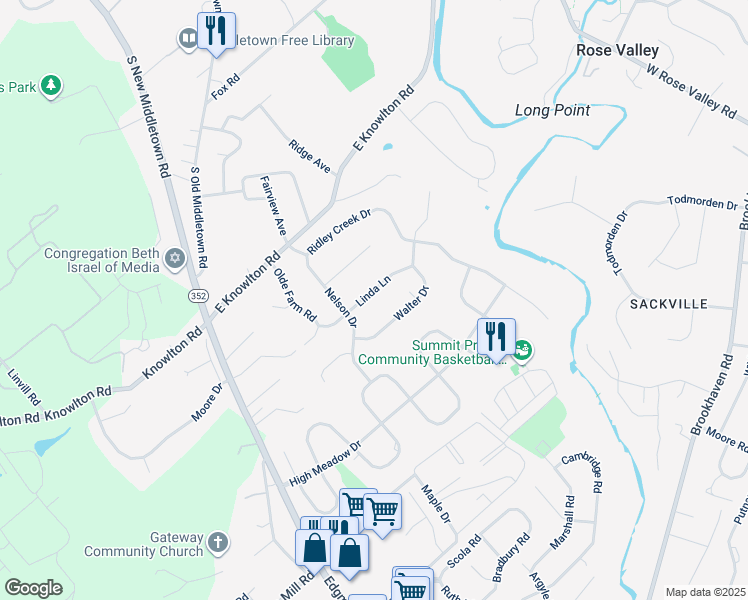 map of restaurants, bars, coffee shops, grocery stores, and more near 104 Linda Lane in Media