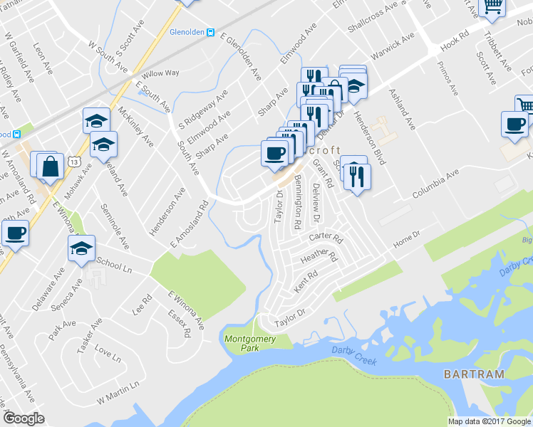 map of restaurants, bars, coffee shops, grocery stores, and more near 737 Windsor Circle in Folcroft