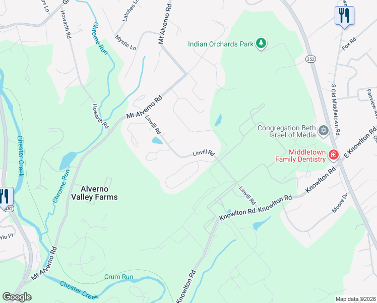 map of restaurants, bars, coffee shops, grocery stores, and more near 469 Linvill Road in Media