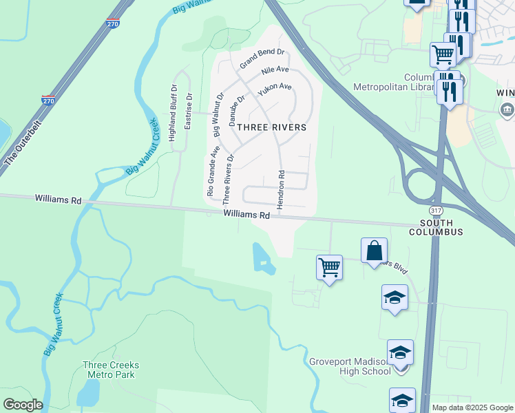 map of restaurants, bars, coffee shops, grocery stores, and more near 3997 Vermilion Avenue in Groveport