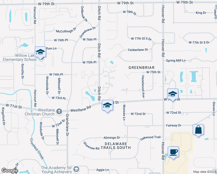 map of restaurants, bars, coffee shops, grocery stores, and more near 7400 Countrybrook Drive in Indianapolis