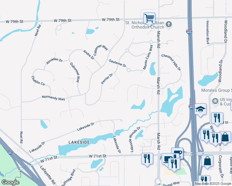 map of restaurants, bars, coffee shops, grocery stores, and more near 7453 Sauterne Court in Indianapolis