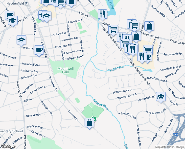 map of restaurants, bars, coffee shops, grocery stores, and more near 355 Tavistock Road in Cherry Hill