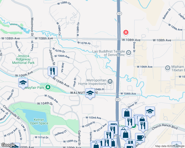 map of restaurants, bars, coffee shops, grocery stores, and more near 10522 Garrison Street in Westminster