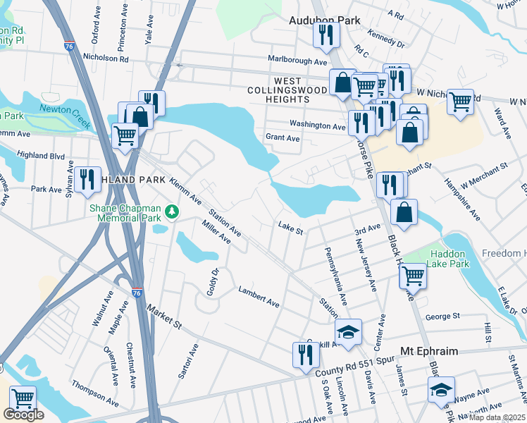map of restaurants, bars, coffee shops, grocery stores, and more near 418 Lake Street in Mount Ephraim