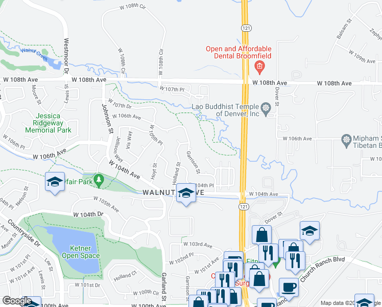 map of restaurants, bars, coffee shops, grocery stores, and more near 10522 Garrison Street in Westminster
