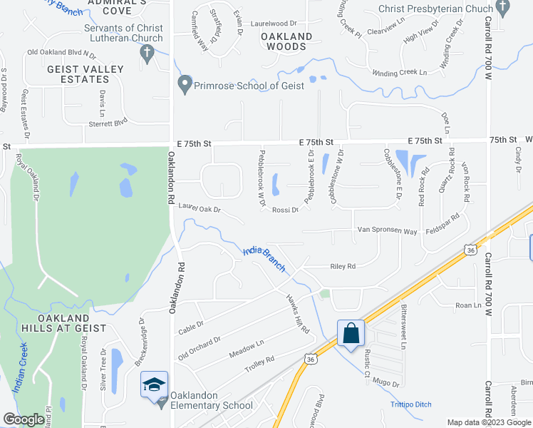 map of restaurants, bars, coffee shops, grocery stores, and more near 12065 Rossi Drive in Indianapolis
