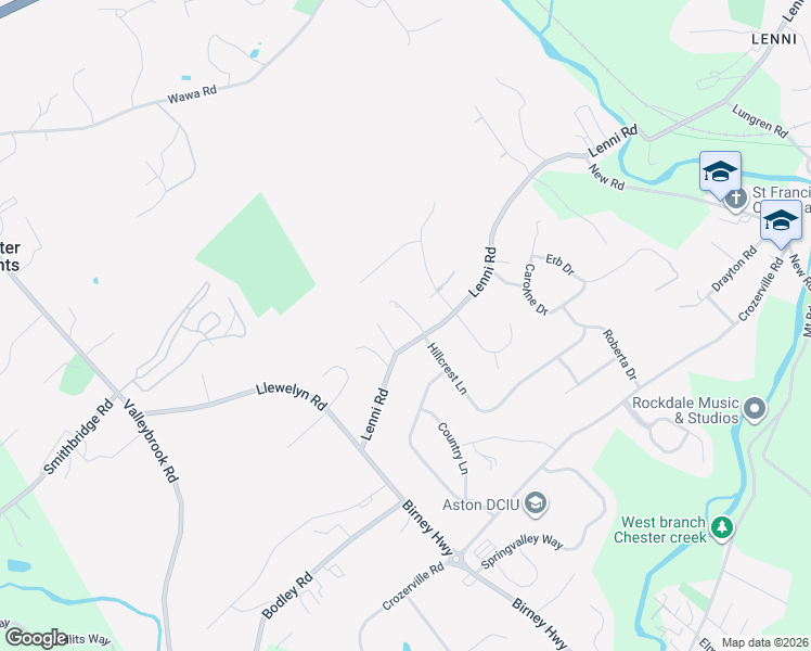 map of restaurants, bars, coffee shops, grocery stores, and more near 382 Lenni Road in Aston