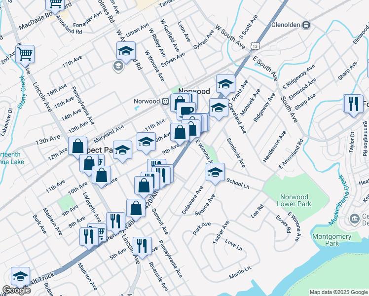 map of restaurants, bars, coffee shops, grocery stores, and more near 531 Chester Pike in Prospect Park