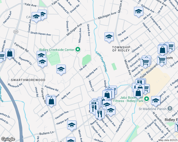 map of restaurants, bars, coffee shops, grocery stores, and more near 625 Fulmer Circle in Swarthmore