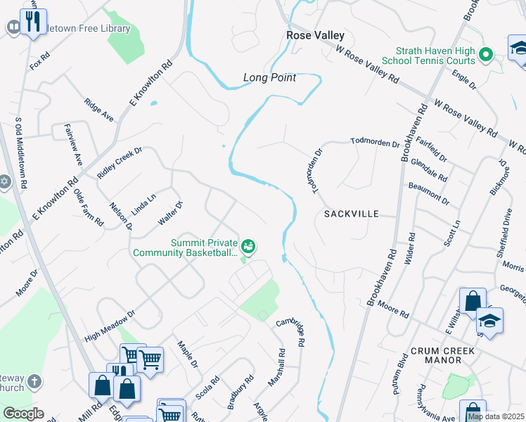 map of restaurants, bars, coffee shops, grocery stores, and more near 805 Ridley Creek Drive in Media