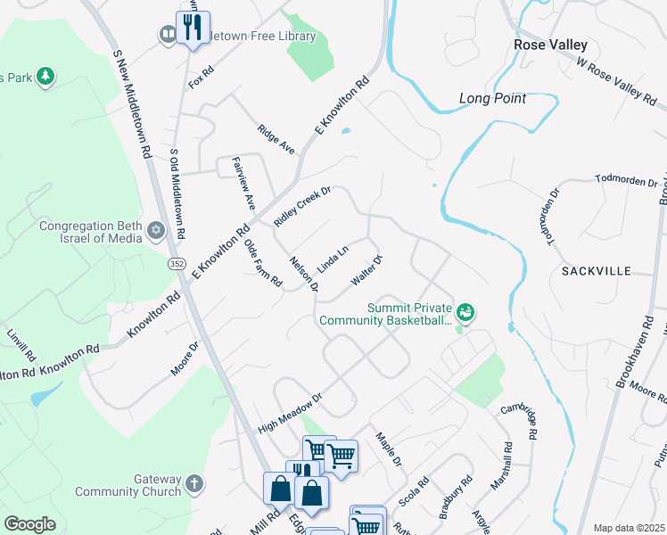 map of restaurants, bars, coffee shops, grocery stores, and more near 104 Linda Lane in Media