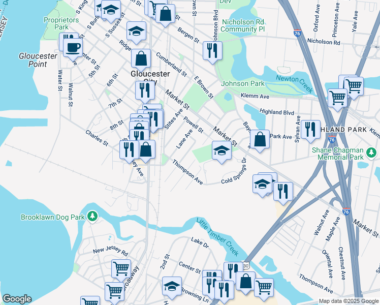 map of restaurants, bars, coffee shops, grocery stores, and more near 15 North Stinson Avenue in Gloucester City