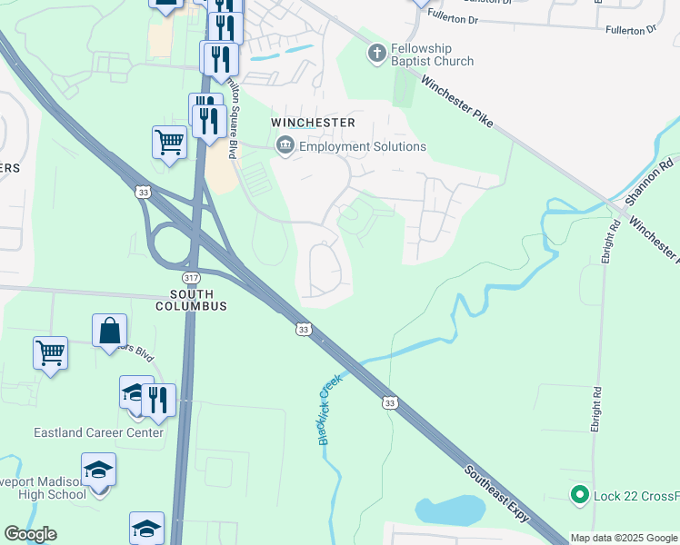 map of restaurants, bars, coffee shops, grocery stores, and more near Bennington Pond Drive in Groveport