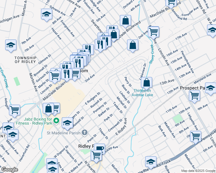 map of restaurants, bars, coffee shops, grocery stores, and more near 520 Michell Street in Ridley Park