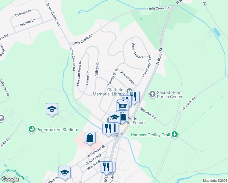 map of restaurants, bars, coffee shops, grocery stores, and more near 424 Spring Forge Drive in Spring Grove