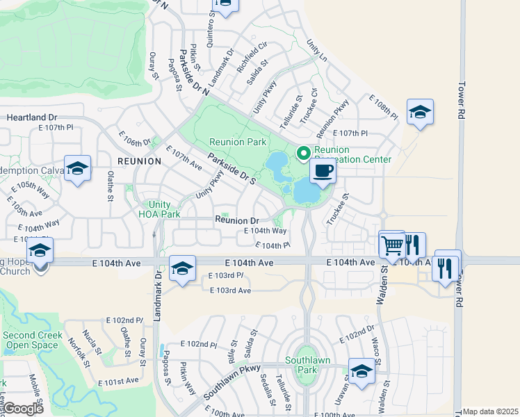 map of restaurants, bars, coffee shops, grocery stores, and more near 10539 Sedalia Street in Commerce City