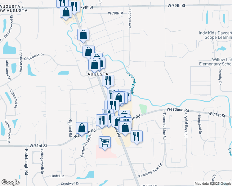 map of restaurants, bars, coffee shops, grocery stores, and more near 3042 West Hiland Drive in Indianapolis