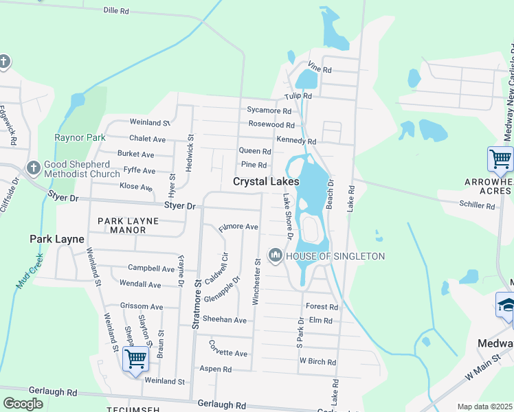 map of restaurants, bars, coffee shops, grocery stores, and more near 639 Winchester Street in New Carlisle