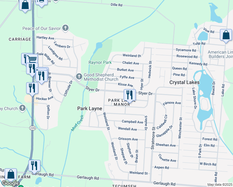 map of restaurants, bars, coffee shops, grocery stores, and more near 1233 Styer Dr in New Carlisle
