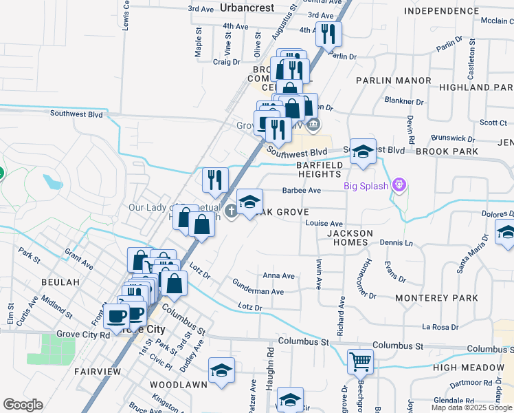 map of restaurants, bars, coffee shops, grocery stores, and more near 3139 Louise Avenue in Grove City