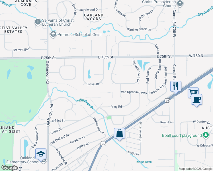 map of restaurants, bars, coffee shops, grocery stores, and more near 7309 Richie Circle in Indianapolis