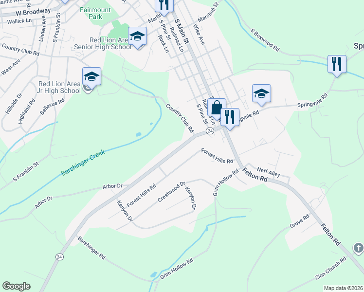 map of restaurants, bars, coffee shops, grocery stores, and more near Winterstown Road in Red Lion