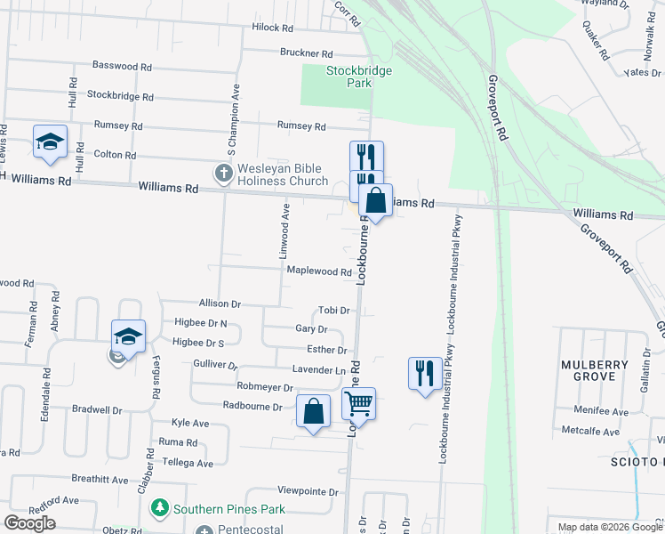 map of restaurants, bars, coffee shops, grocery stores, and more near 1122 Maplewood Road in Columbus