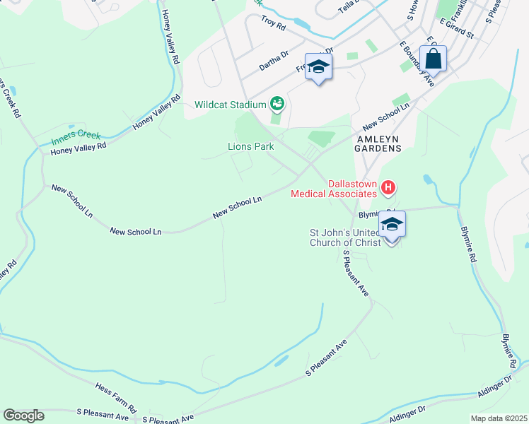 map of restaurants, bars, coffee shops, grocery stores, and more near 855 New School Lane in Dallastown