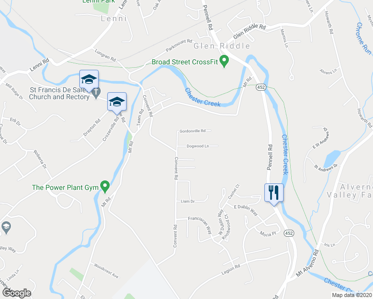 map of restaurants, bars, coffee shops, grocery stores, and more near 10 Dogwood Lane in Aston