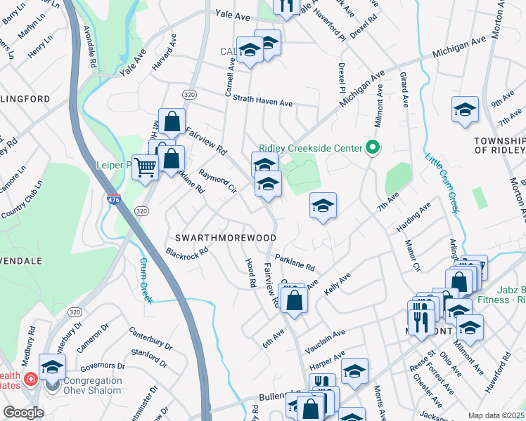 map of restaurants, bars, coffee shops, grocery stores, and more near 919 Fairview Road in Swarthmore