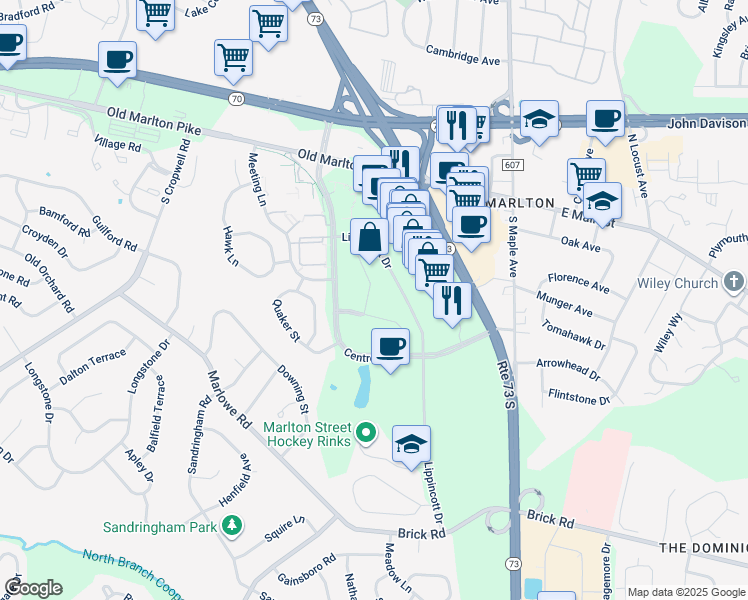 map of restaurants, bars, coffee shops, grocery stores, and more near 10 Tudor Court in Evesham
