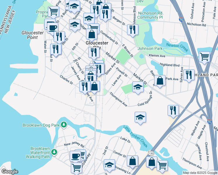 map of restaurants, bars, coffee shops, grocery stores, and more near 15 Lane Avenue in Gloucester City
