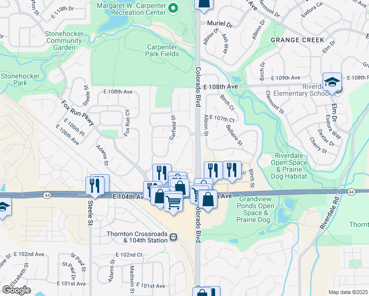 map of restaurants, bars, coffee shops, grocery stores, and more near 133 Covington Ridge in Thornton